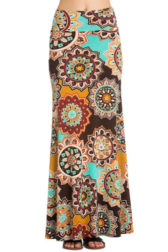 Brown Yellow Bohemian Print Maxi Skirt