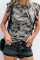 Gray Camouflage Print Ruffled Cap Sleeve T-shirt