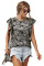 Gray Camouflage Print Ruffled Cap Sleeve T-shirt
