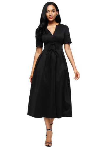 Black Split Neck Short Sleeve Midi Dress with Bowknots