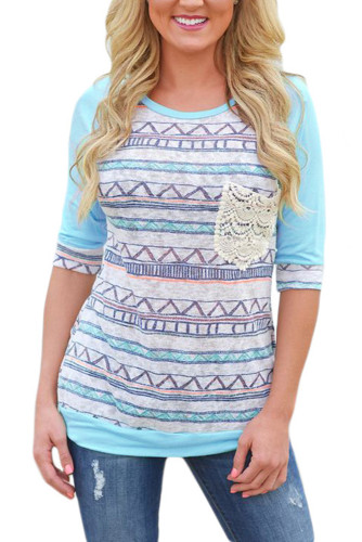Light Blue Raglan Sleeve Lace Pocket Detail Printed Top