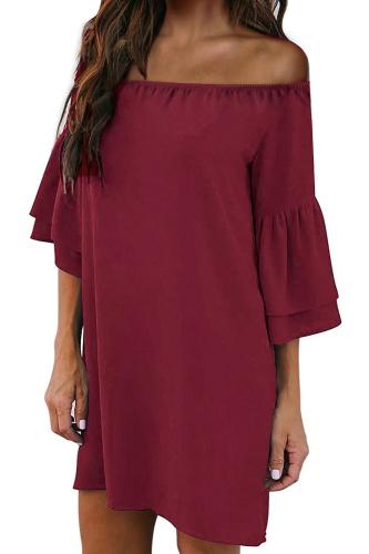 Red Off Shoulder Ruffled Sleeve Shift Dress