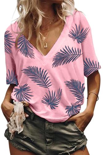 Pink Casual V Neck Plant Print Tee