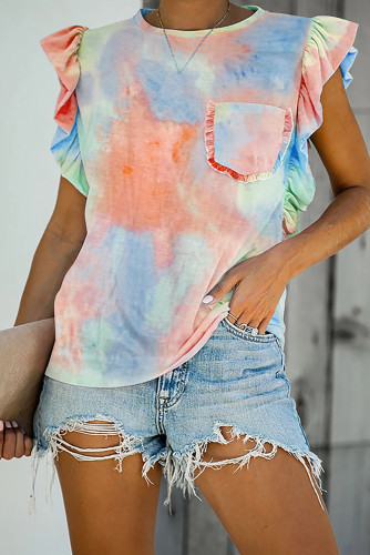 Orange Tie-dye Ruffled Cap Sleeve T-shirt