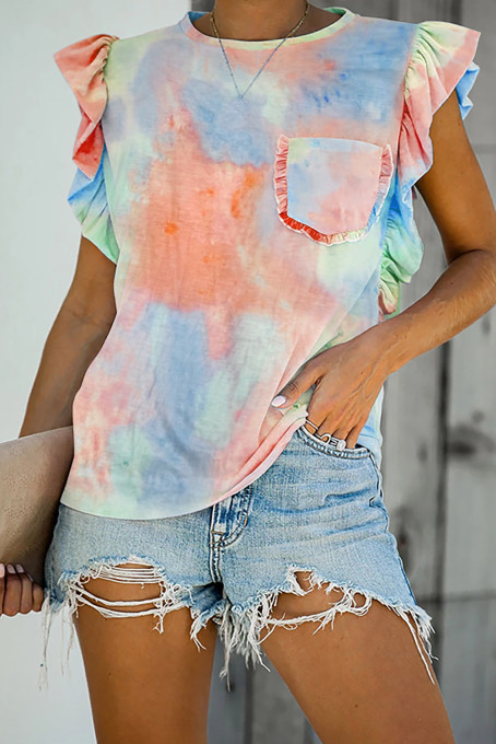 Orange Tie-dye Ruffled Cap Sleeve T-shirt