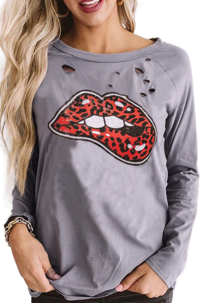 Distressed Leopard Lips Print Long Sleeve Top