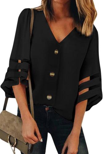 Black Flare Sleeve V Neck Button Up Blouse