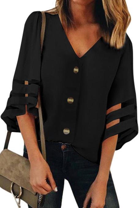 Black Flare Sleeve V Neck Button Up Blouse
