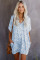 Blue V-Neck Half Sleeve Leopard Casual T Shirt Dress with Pockets