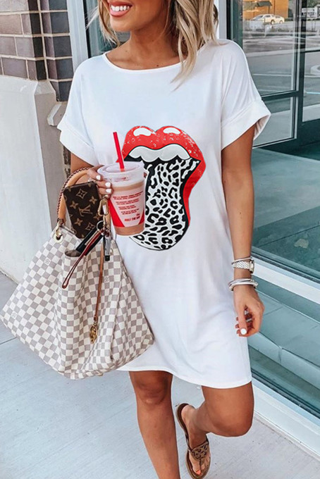 White Lip Print Summer Casual Tee Mini Dress