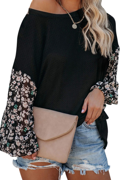Black Blossom Contrast Swiss Dot Knit Top