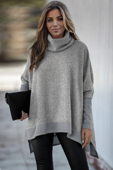 Gray Turtleneck Bat Sleeve Side Slit Tunic Top
