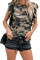 Green Camouflage Print Ruffled Cap Sleeve T-shirt