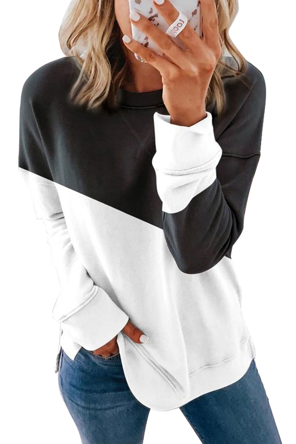 $ 14.25 - Black Patchwork Dropped Shoulder Sleeve Sweatshirt - www ...
