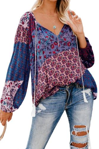 Purple Floral Print Peasant Blouse