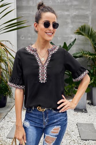 Black Boho Floral V Neck Casual Blouse