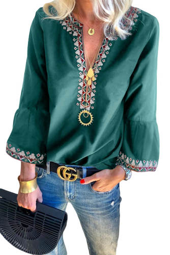 Green Boho Floral V Neck Long Sleeve Casual Top