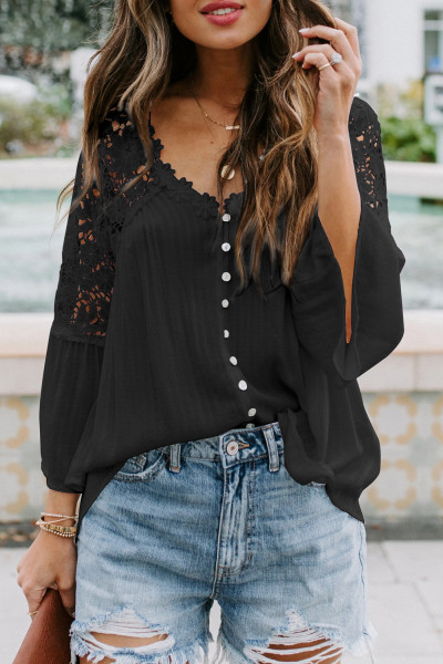 Black Crochet Lace Button Top