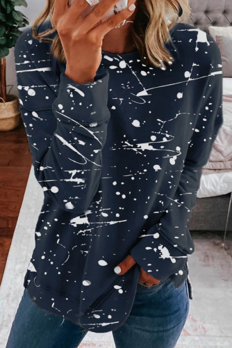 Blue Crew Collar Scrawl Print Long Sleeve Top with Slit