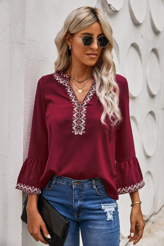 Red Boho Floral V Neck Long Sleeve Casual Top