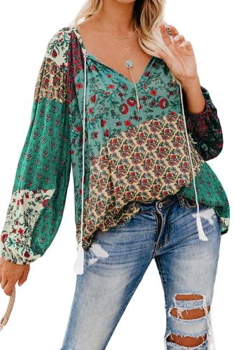 Green Floral Print Peasant Blouse