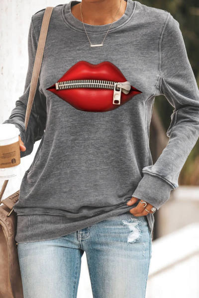 Zipped Red Lip Gray Sweatshirt