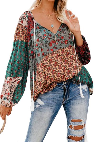 Multicolor Floral Print Peasant Blouse