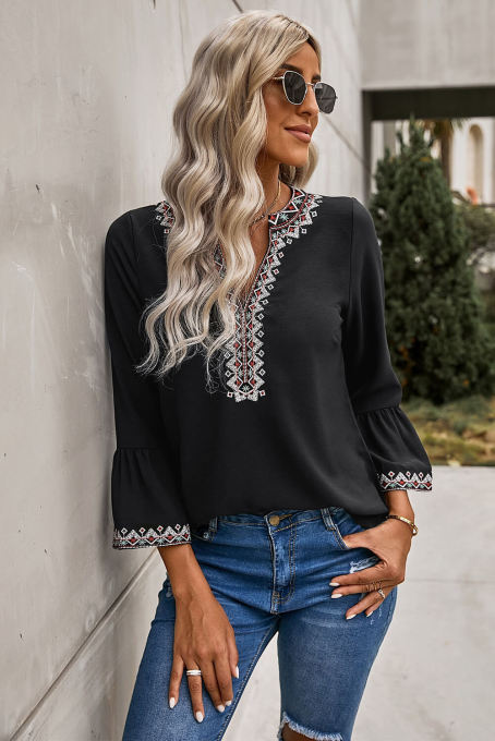 Black Boho Floral V Neck Long Sleeve Casual Top
