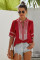 Red Elbow Length Sleeves Front Embroidery Blouse
