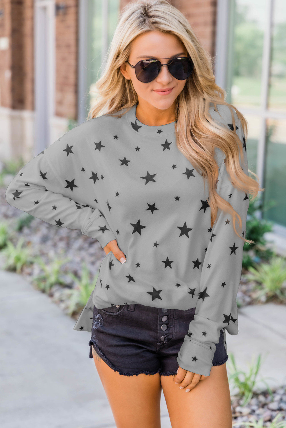 14.95 Gray Round Neck Long Sleeve Star Print Long Sleeve Top