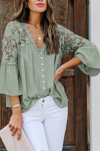 Green Crochet Lace Button Top