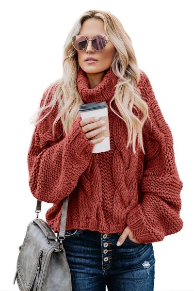 Red Cuddle Weather Cable Knit Handmade Turtleneck Sweater