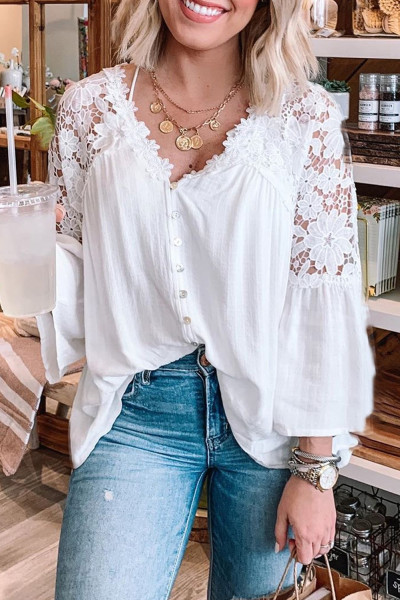 White Crochet Lace Button Top