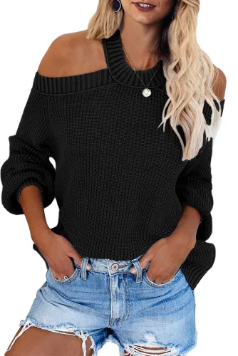 Black Cool Breeze Cotton Cold Shoulder Sweater