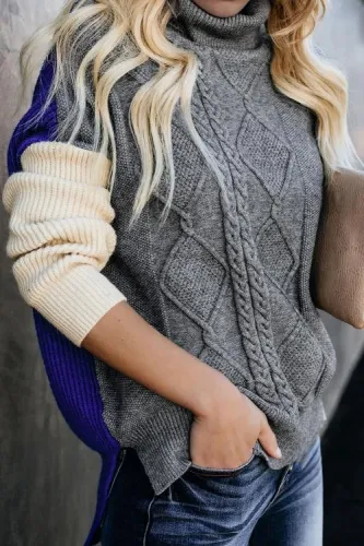 Gray Colorblock Cable Knit Sweater