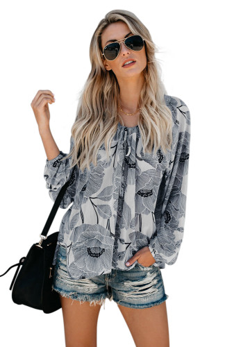 White Floral Print Peasant Blouse