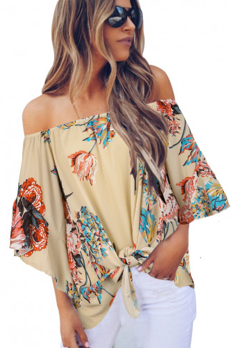 Apricot Off Shoulder Floral Tie Front High Low Chiffon Blouse