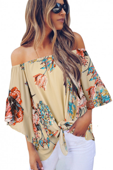 Apricot Off Shoulder Floral Tie Front High Low Chiffon Blouse
