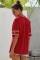 Red Elbow Length Sleeves Front Embroidery Blouse
