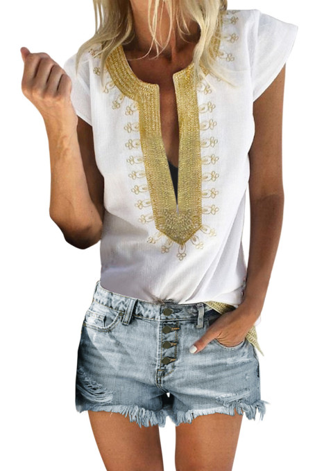 White Short Sleeve Printed Neck Shift Blouse