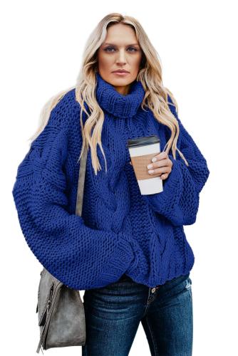 Blue Cuddle Weather Cable Knit Handmade Turtleneck Sweater