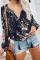 Blue Floral Print Peasant Blouse