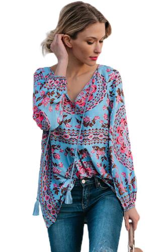 Sky Blue Floral Print Peasant Blouse