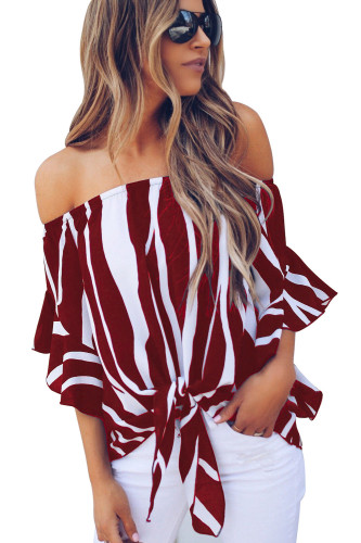 Off The Shoulder Vertical Stripes Blouse in Burgundy