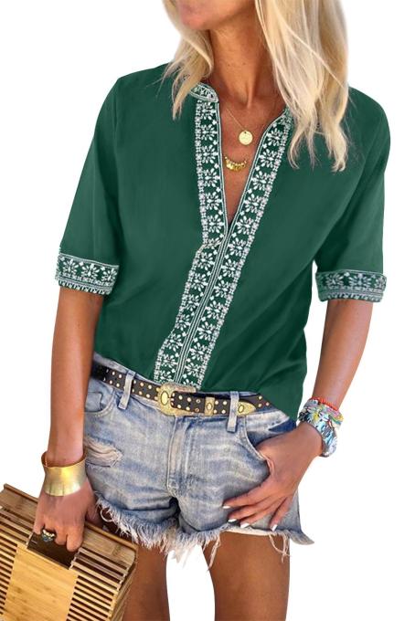 Green Chic Boho V Neckline Half Sleeve Blouse