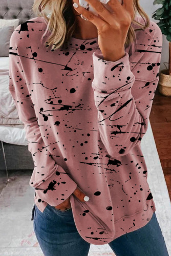 Pink Crew Collar Scrawl Print Long Sleeve Top with Slit