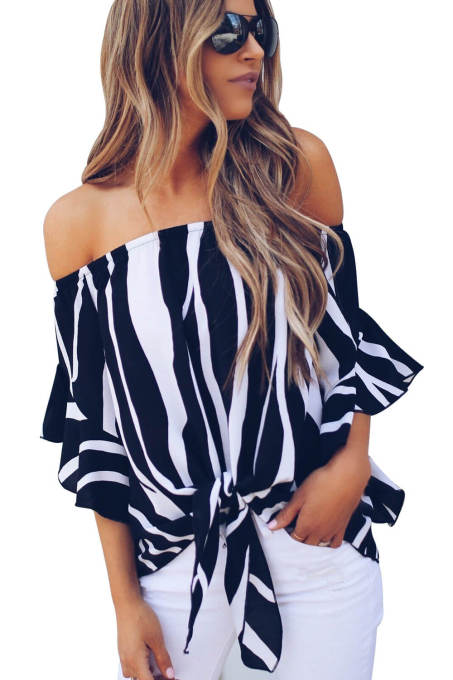 Off The Shoulder Vertical Stripes Blouse in Black
