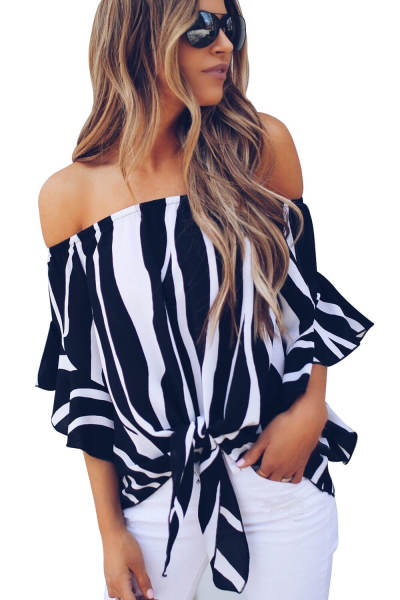 Off The Shoulder Vertical Stripes Blouse in Black