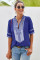 Blue Elbow Length Sleeves Front Embroidery Blouse