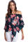 Blue Off Shoulder Floral Tie Front High Low Chiffon Blouse